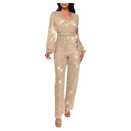 Caxndycing tuta da donna elegante, tuta intera lunga, tinta unita, con brillantini, a vita alta, vintage, salopette con cintura, pantaloni da lavoro, slim fit