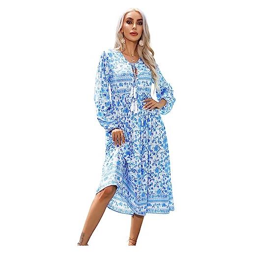 R.Vivimos donne eleganti casual bohemian print neck tie maniche lunghe abito da spiaggia lungo midi vestito vacanze