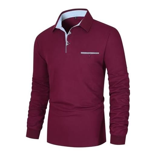 KUNJLELP polo da uomo a maniche lunga in cotone casual magliette plaid t-shirt slim fit golf poloshirt con tasca, rosso, xxl