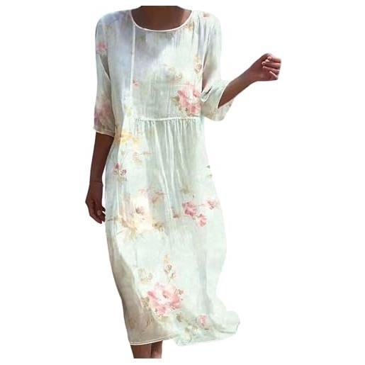 Gienslru vestito in lino donna estivo elegante lungo boho chic in lino effetto 3/4 manich abito maxi floreale vintage con tasche e comodo per mare vacanza primavera estate taglie forti curvy