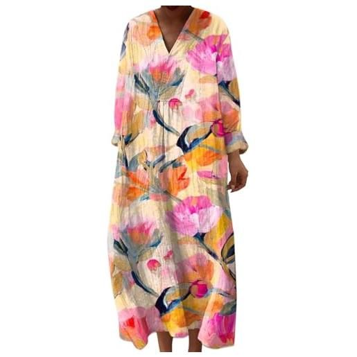 Generico abito lungo donna boho chic in lino scollo a v maniche lunghe, vestito maxi floreale vintage con tasche per spiaggia mare vacanza primavera taglie forti comodo elegante 2026