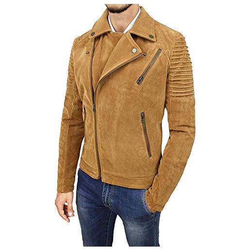 Evoga cappotto giacca uomo camoscio invernale casual slim fit giubbotto moto jacket scamosciato (xxl, cammello)