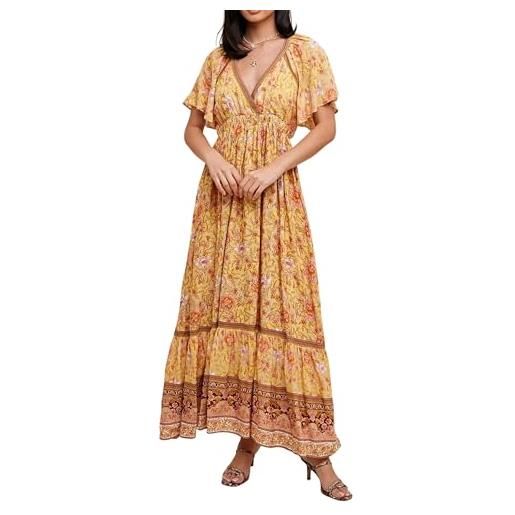 R.Vivimos donne estate manica corta collo a v abiti boho floreale patchwork abito impero vita a line increspature maxi abito(xl, yellow)