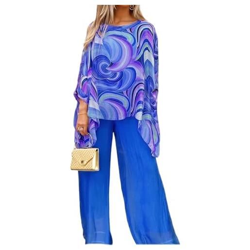 Generic donna colorata pittura a olio chiffon 2 pezzi set elegante matrimonio ospite gamba larga pantsuit cocktail party abiti (blu, grande)