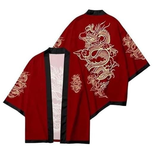 FZKun cardigan kimono giapponese da uomo e donna, stile vintage con drago stampato in 3d, camicia kimono accappatoio cardigan yukata noragi happi coat, xl
