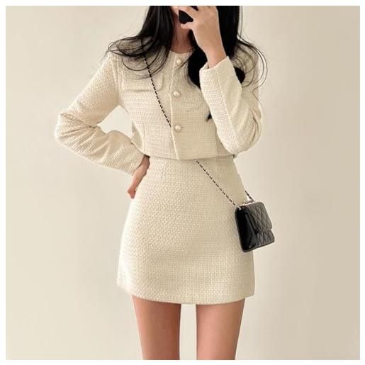 EasyByMall elegante vestito da donna sofisticato in due pezzi in tweed con dettagli in perle in stile classico