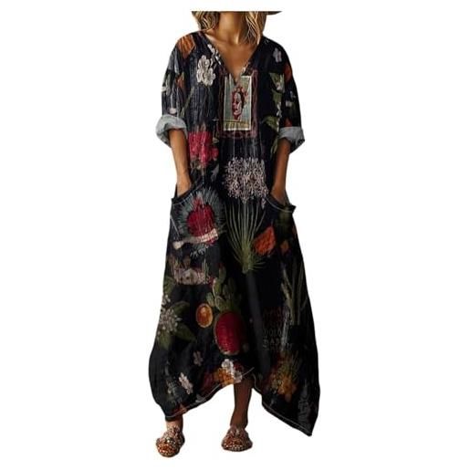 Gienslru abito lungo donna boho mare vestito estivi lunghi chic in lino effetto scollo a v maniche a 3/4 maxi vestiti con tasche e comodo kaftan per mare vacanza estate taglie forti curvy copricostume
