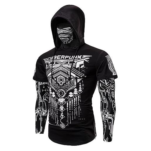 Duohropke maglietta da uomo con cappuccio cyberpunk ninja con maschera, a maniche lunghe, slim fit, per sport, pullover con cappuccio, costume di halloween, teschio, biker, nero , m