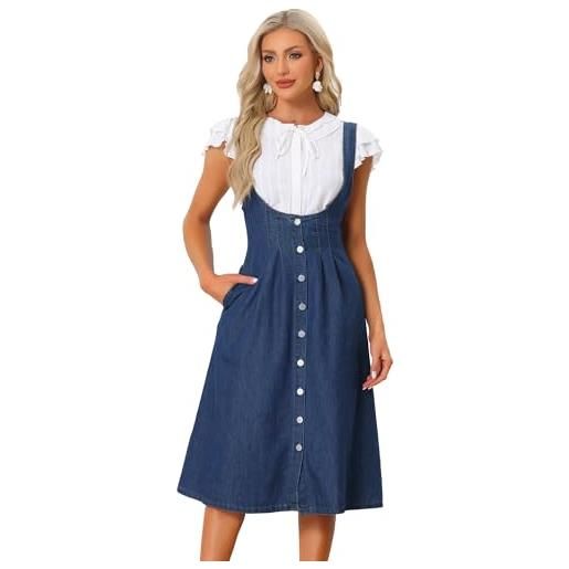 Allegra K donna abito bretelle abito longuette in denim classico con scollo a u con bottoni sul davanti e tasche