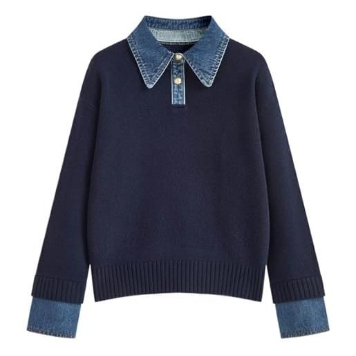 Generisch maglione da donna a strati con colletto in jeans, maglione 2 in 1 con dettagli della camicia, elegante top per un look casual intelligente