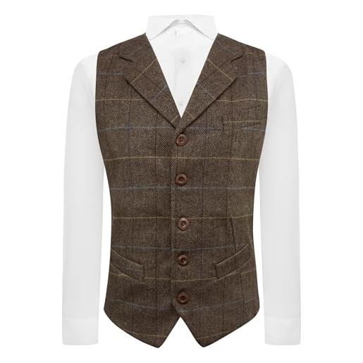 King & Priory gilet in tweed con risvolto, a quadri a spina di pesce, marrone noce, marrone, s