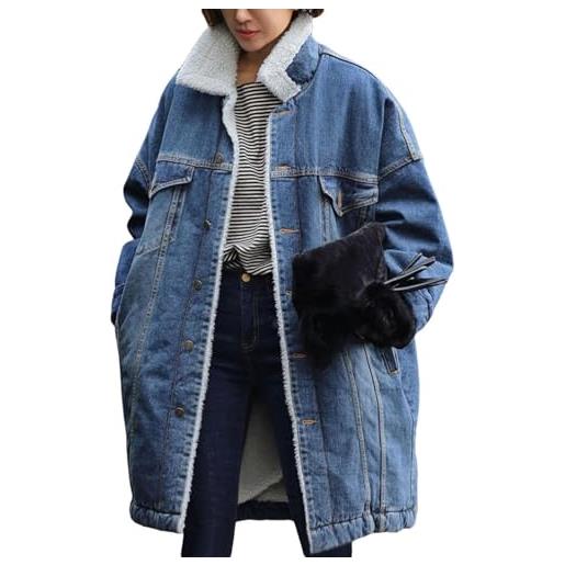 Juankrynord cappotto lungo imbottito alla moda invernale da donna giacca lunga in denim con fodera in peluche lunghezza media con bottoni trench imbottito in denim giacca in denim di peluche (blu, l)