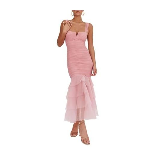 Generico abito lungo sexy a sirena in tulle con scollo a v e arricciato, a sirena, a rete, lungo, aderente, avvolgente