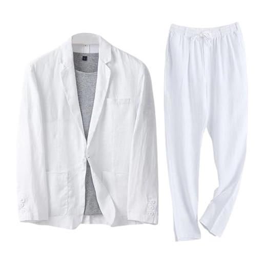 Generic completo da uomo 2 pezzi slim fit in lino e cotone, giacca da smoking con coulisse e pantaloni estivi, completo ballo, matrimonio, per uomo, bianco xx large