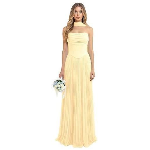 Generico abiti da ballo in chiffon abito lungo plissettato da damigella d'onore abiti da cerimonia svasato con ruches e sciarpa giallo m