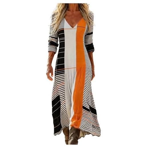 Generico vestito lino donna primavera estate abito lungo boho chic scollo a v manica 3/4 maxi vintage geometrico con tasche casual mare spiaggia vacanza taglie forti comodo elegante 2026
