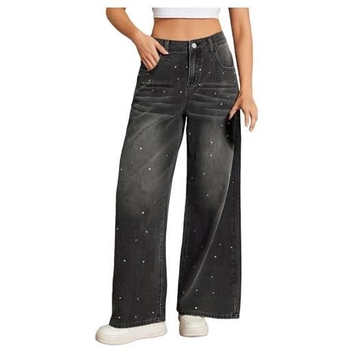 Generico jeans donna con glitter vita alta baggy, 2025 primavera moda pantaloni denim con strass curvy pantaloni glitter larghi pantalone brillantini casual jeans lucidi dritti a gamba larga