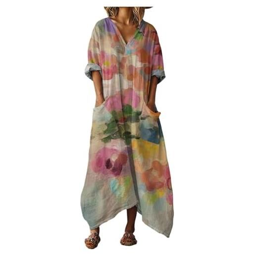 Mfhmom vestito donna estivo lungo in cotone e lino abito boho chic con grandi tasche scollo a v manica corta ampio traspirante casual vestiti lunghi estivi donna leggero mare