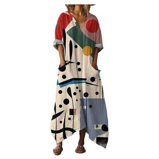 Gienslru abito lungo donna boho mare vestito estivi lunghi chic in lino effetto scollo a v maniche a 3/4 maxi vestiti con tasche e comodo kaftan per mare vacanza estate taglie forti curvy copricostume