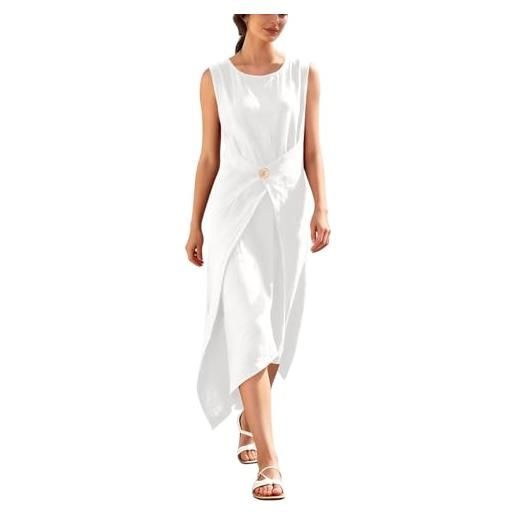 Generico cotton-linen vestito estivo donna lunghi abiti donna estivo causal leggero abito cerimonia curvy estivi mare vestiti comode prendisole chic abbigliamento spiaggia dresses for women bianco m