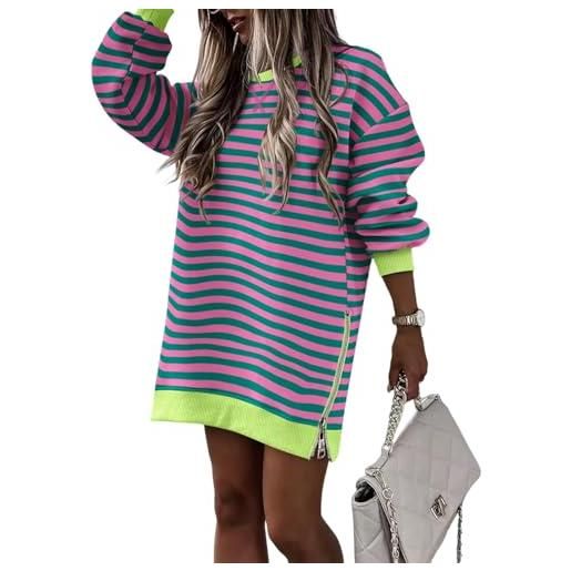 ThiCc abito da donna oversize in felpa, casual, girocollo, a maniche lunghe, con cerniera, spacchi laterali, comodo, vestibilità ampia, mini abito alla moda, abbigliamento quotidiano, a righe. , l