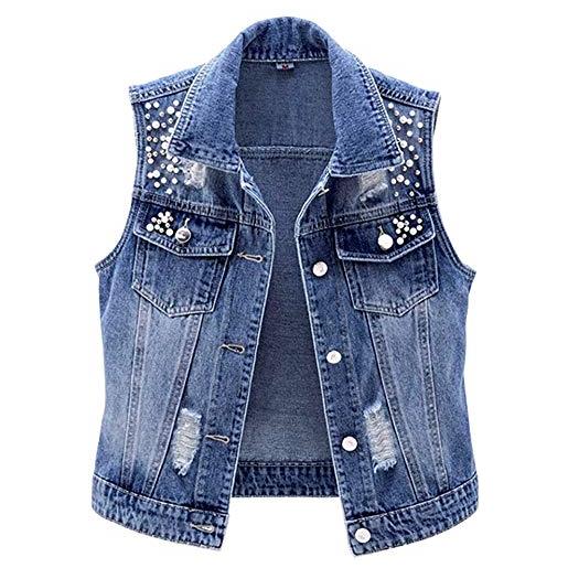 Lazutom gilet da donna senza maniche in denim con perline e perle, blu, 40