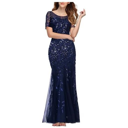 ECDAHICC abito da donna, scollo tondo, lunghezza al pavimento, con paillettes ricamate, da sera, a maniche corte, da festa, da ballo, da damigella, a sirena, in chiffon trasparente, con paillettes che