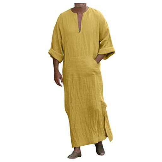 RUMAOZIA abbigliamento da preghiera uomo caftano cotone lino afgano tunica abaya estate fresco jilbab musulmano vestiti islamici arabi thobe, q giallo, xxl