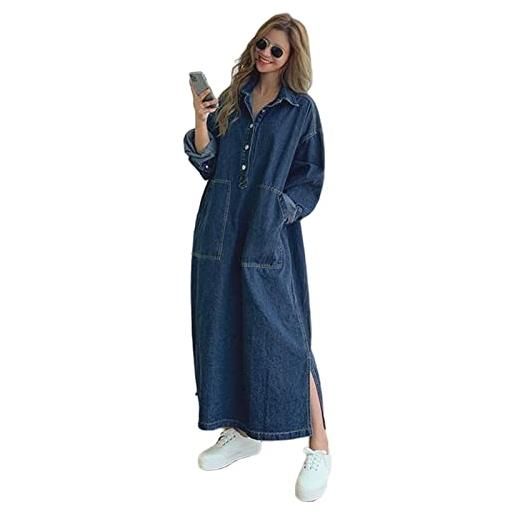 MOGSA - abito da donna, a maniche lunghe, stile maxi, in denim con bottoni e tasche, abito casual ampio, blu scuro, taglia unica