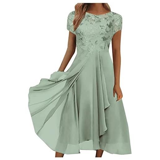 Generic abito in chiffon da donna, per feste, lungo, con fiori, leggero e arioso, a vita alta, a maniche corte, abito avvolgente, linea a fluente, maxi abito da cocktail, elegante per ospiti di nozze, verde