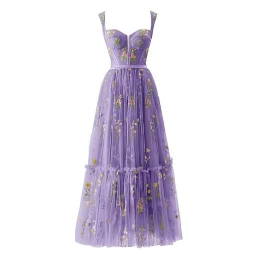 Generisch donna ricamo floreale tulle abiti da ballo, corsetto lungo spaghetti fata ruggine abito da sera formale vestito da festa, viola. , 44