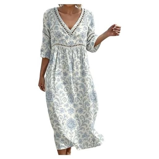 Gienslru vestito lino donna estivo lungo boho chic abito scollo a v maniche 3/4 manich vestiti estivi lunghi casual elegante per mare spiaggia taglie forti curvy dresses abito con tasche primavera