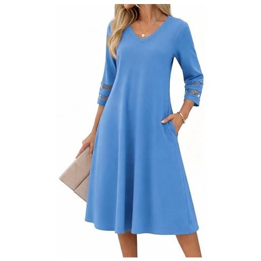 Zeagoo vestito estivo da donna elegante, a 3/4 maniche, midi, con maniche in pizzo, tunica, a linea a, con tasche, scollo a v, blusa, casual, azzurro, m