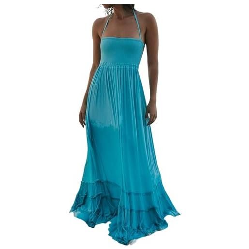 R.Vivimos donna estate mezze collo senza schiena abito boho maxi senza maniche abiti da spiaggia ruffle senza maniche(xl, aqua. Blu)