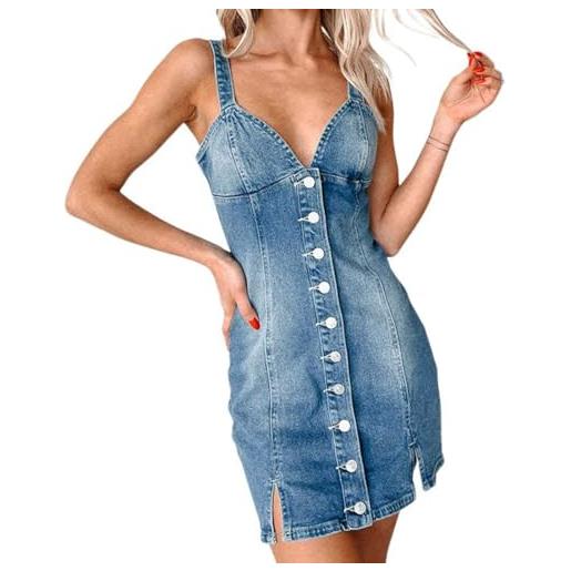 Vhersily 2025 - vestito attillato in denim da donna, sexy senza maniche con spalline midi vestiti in jeans estivo casual con spacco orlo corto, estate pulsante giù abiti in tessuto bodycon