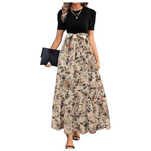 Generisch elegante maxi abito da donna con maniche corte e arricciatura, abito estivo leggero con dettaglio patchwork e vita alta in forma ad a, nero-1, m