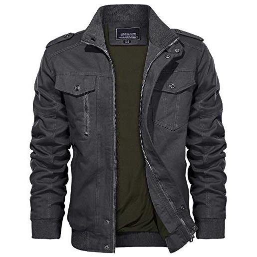 KEFITEVD, giacca bomber da uomo, militare, cargo, cappotto smart casual con collo a stand, esterno in cotone, con tasche multiple, xl
