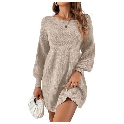 Saodimallsu abito da donna in maglia con scollo rotondo, maniche a sbuffo, vita alta, elegante, maglione lavorato a maglia, linea ad a, mini abito, albicocca, s