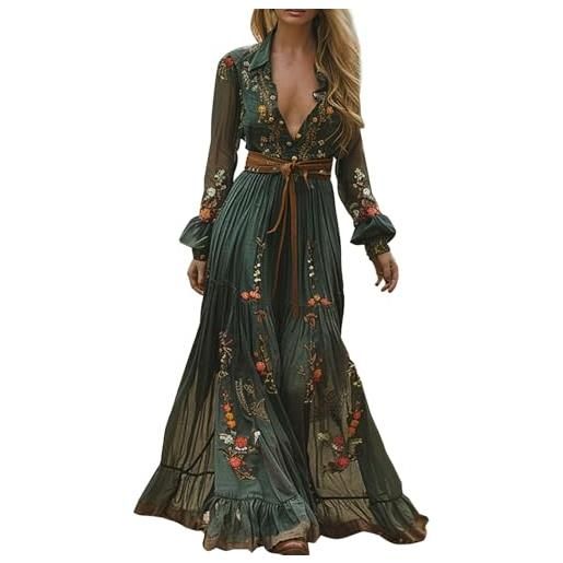 Generic abito vintage da donna, rockabilly, maxi abito a maniche lunghe, con scollo a v, abito estivo, in mussola a vita alta, abito boho, leggero e arioso per il tempo libero, verde, l