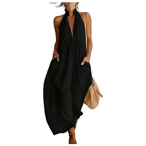 Generico abito lungo minimalista con scollo all'americana, abito estivo casual e ampio con tasche, abito ampio con scollo a v per donna (black, xl)