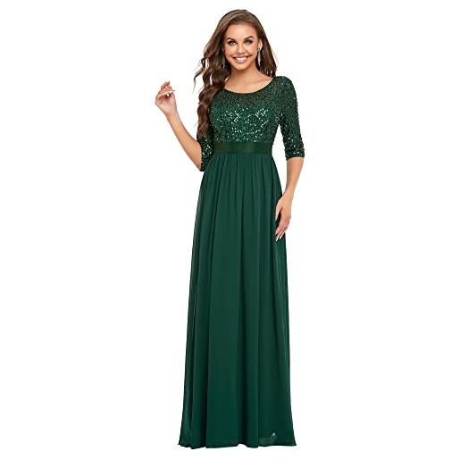 Ever-Pretty vestiti da sera e cerimonia donna linea ad a elegante manica 3/4 con paillettes abiti da damigella chiffon stile impero verde scuro 54