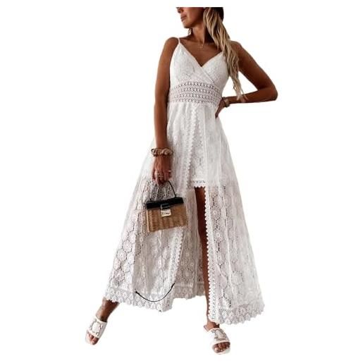 Agiyenna abito estivo da donna abito maxi abito boho casual abito senza maniche con spalline con scollo a v abito in pizzo spaghetti abito a trapezio da spiaggia abito lungo lavorato a maglia svasato