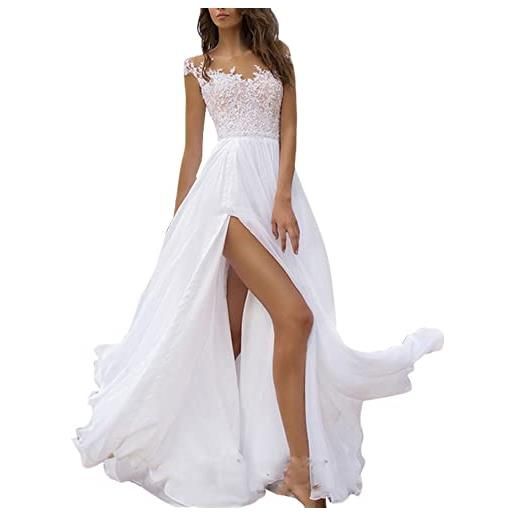 MISSMAO c lungo vestito da sposa principessa in pizzo con schiena nuda abito da sera tulle v-collo vestito da cerimonia stile impero maxi linea ad a pizzo lungo abito da damigella, bianco, l