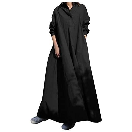 BOTCAM abito da donna in cotone a maniche lunghe, maxi abito in lino con tasche, scollo a v, con pieghe, a strati, stile boho, casual, retrò, caftano, largo, oversize, comodo