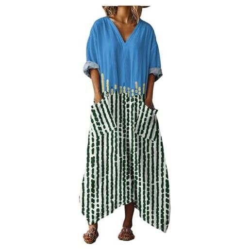 Gienslru abito lungo donna boho mare vestito estivi lunghi chic in lino effetto scollo a v maniche a 3/4 maxi vestiti con tasche e comodo kaftan per mare vacanza estate taglie forti curvy copricostume