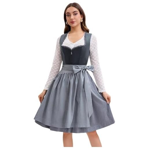 Goxozzy dirndl - abito da donna in velluto con grembiule dirndl per oktoberfest lungo, taglie 34-44, lunghezza 60 cm, grigio scuro, 40