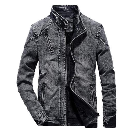 ZDJSWJ cappotto da uomo a collo alto in denim cappotto casual con cerniera in denim giacca slim jean trucker, nero , xl