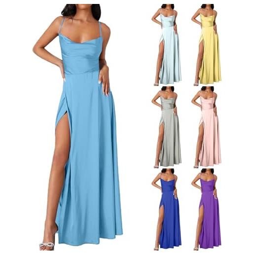 Generic abito da sera da donna, lungo, in raso, da cocktail, da donna, con spacco, senza maniche, linea ad a, elegante, azzurro, s