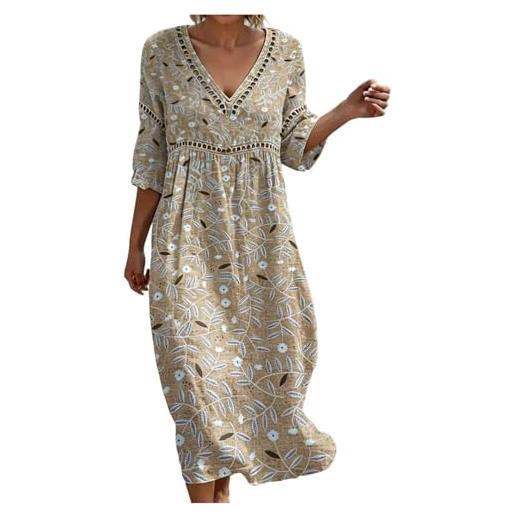 Gienslru vestito lino donna estivo lungo boho chic abito scollo a v maniche 3/4 manich vestiti estivi lunghi casual elegante per mare spiaggia taglie forti curvy dresses abito con tasche primavera