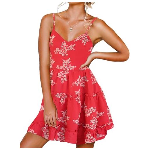 FANCYINN abito da donna con scollo a v e spalline sottili, senza maniche, senza maniche, con volant, per il tempo libero, stampa floreale bianca rosso, m